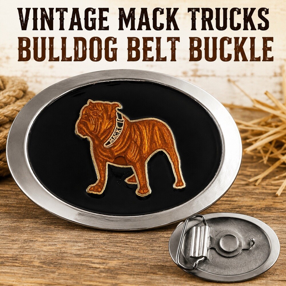 Vintage Mack Trucks Bulldog Belt Buckle Orange Enamel Black Oval